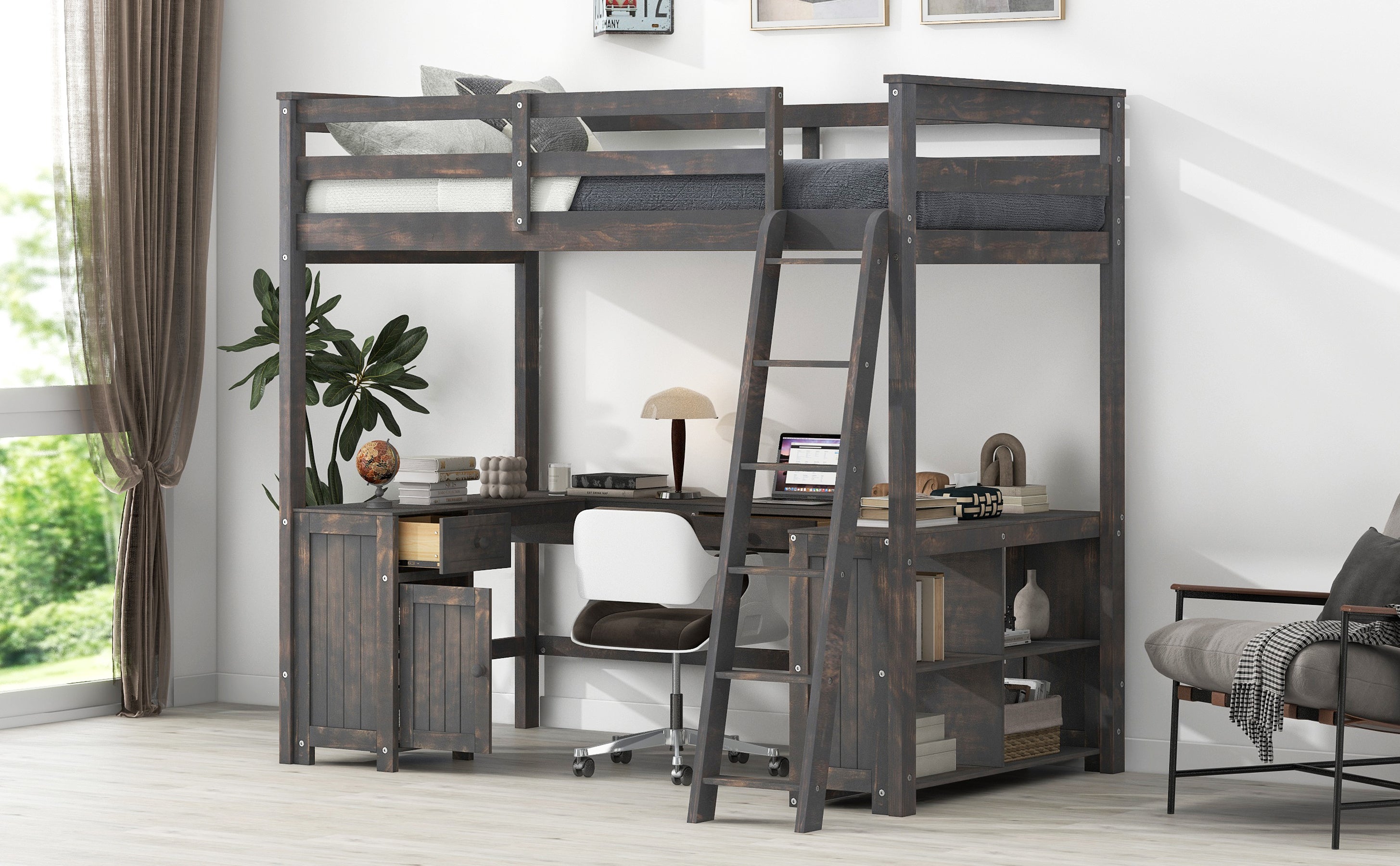 Full Size Loft Bed with U-shaped Desk, Drawers and Storage Shelves