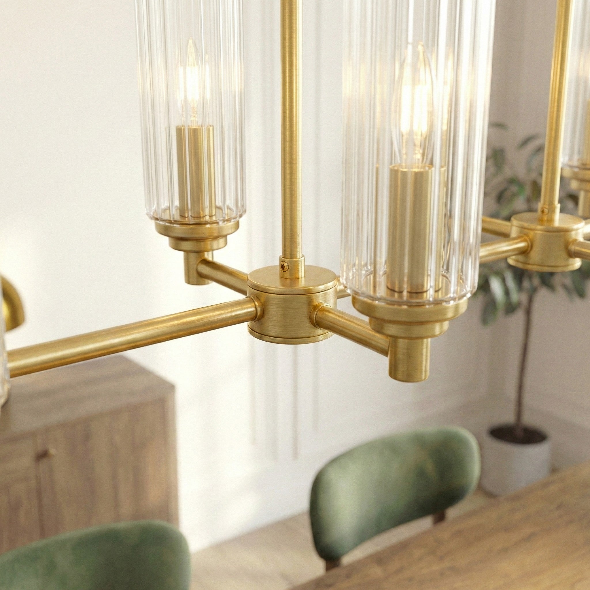Willow Eight Lights Island with Clear Ribbed Glass Pendant Lamp - Satin