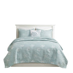 4 Piece Cotton Reversible Embroidered Quilt Set with Throw Pillow - Aqua King/Cal King