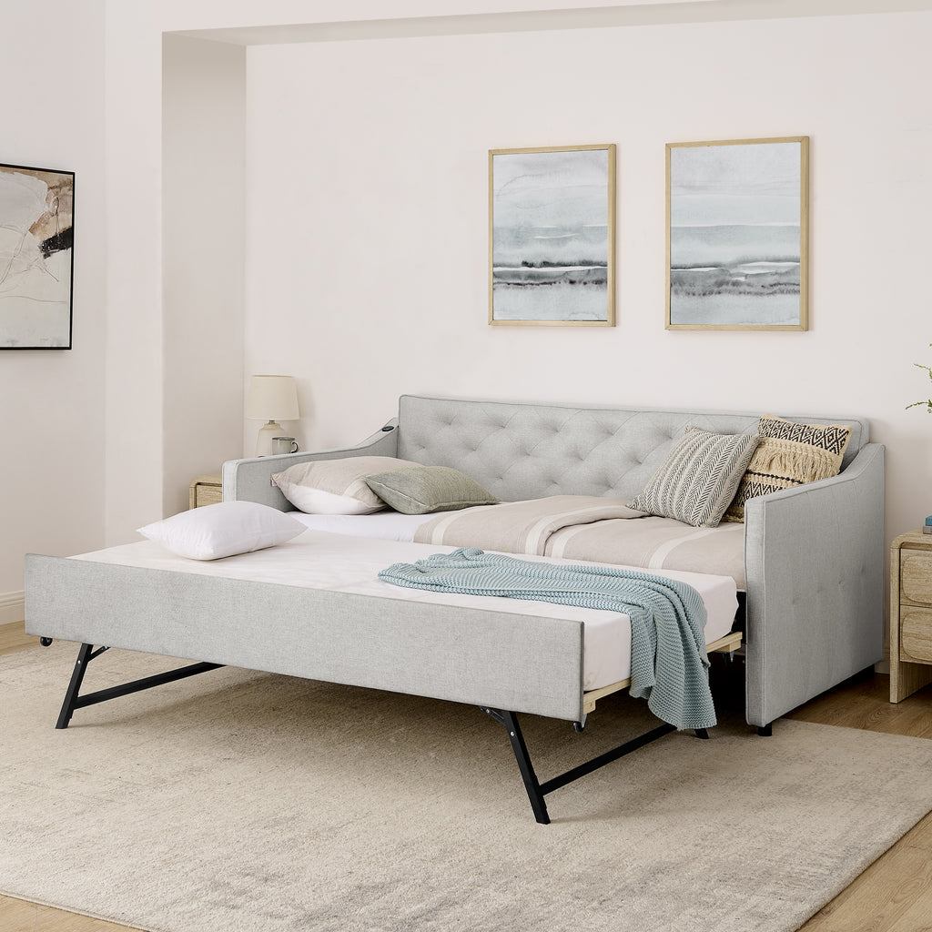 Twin Size Upholstery Daybed with Pop-up Trundle & USB Charging