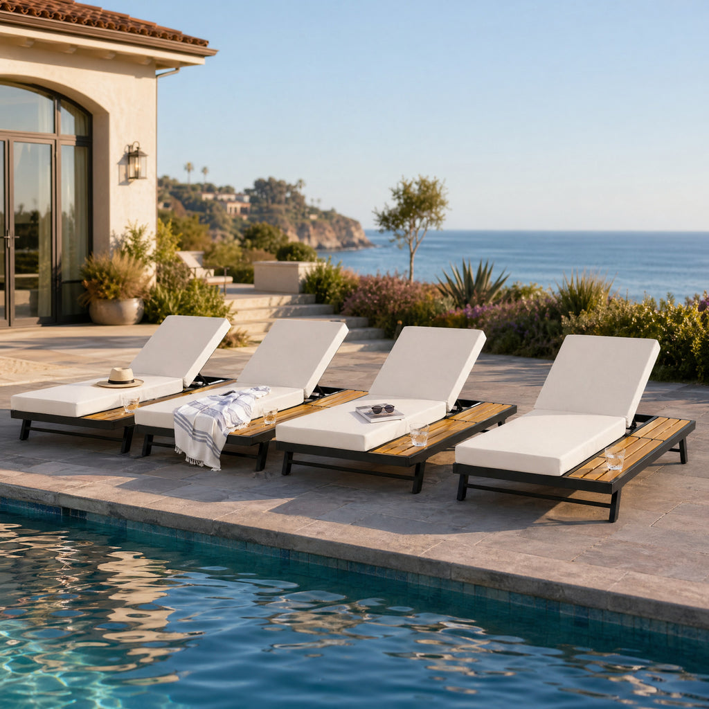 Black Iron + Teak Finish Chaise Lounge Set