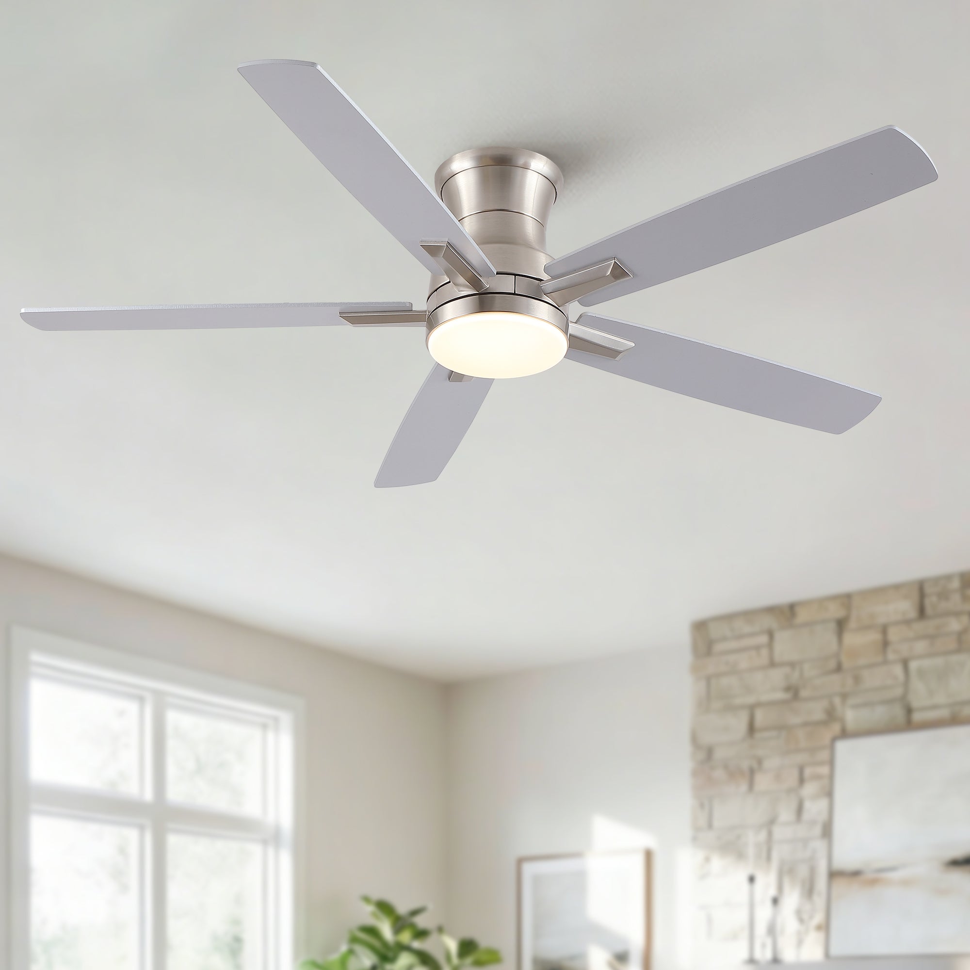 52" Modern Brushed Nickel Flush Mount Ceiling Fan with Light