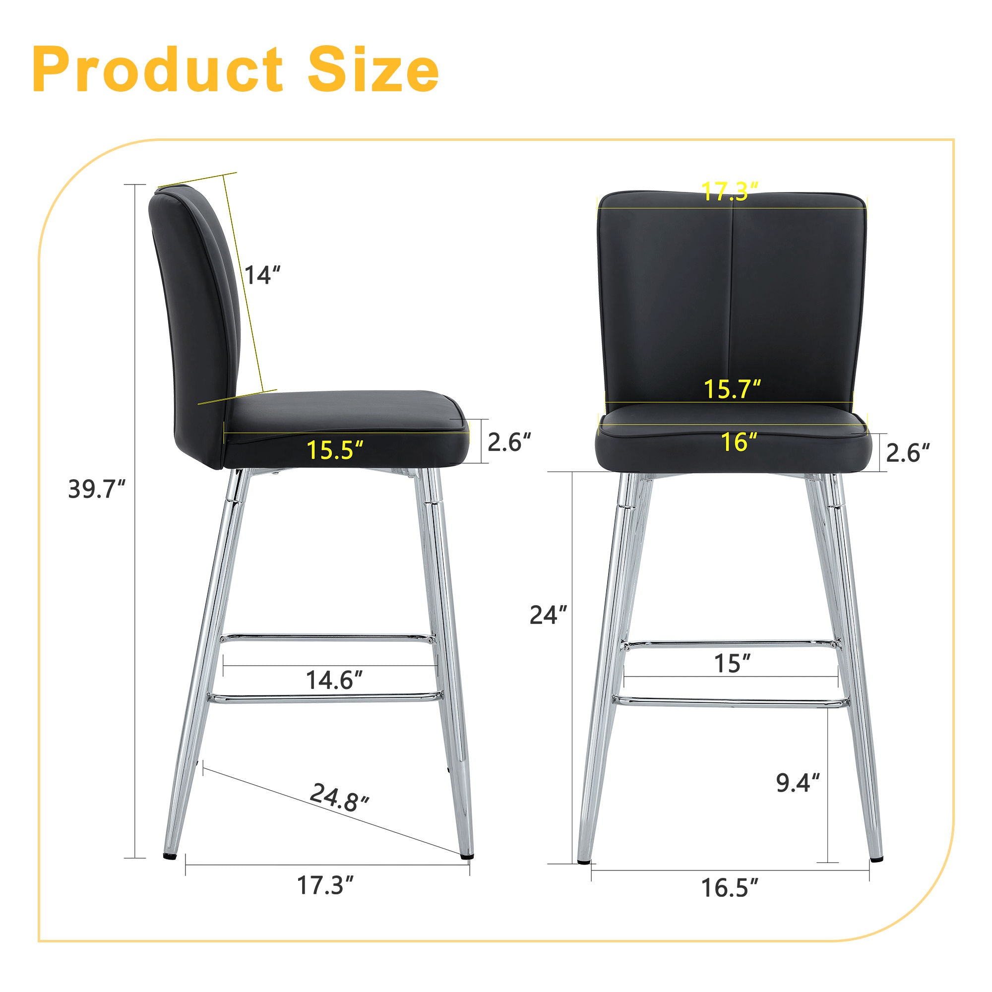 Modern Bar Chair Set with Streamlined Backrest and Metal Legs - 2 Pieces