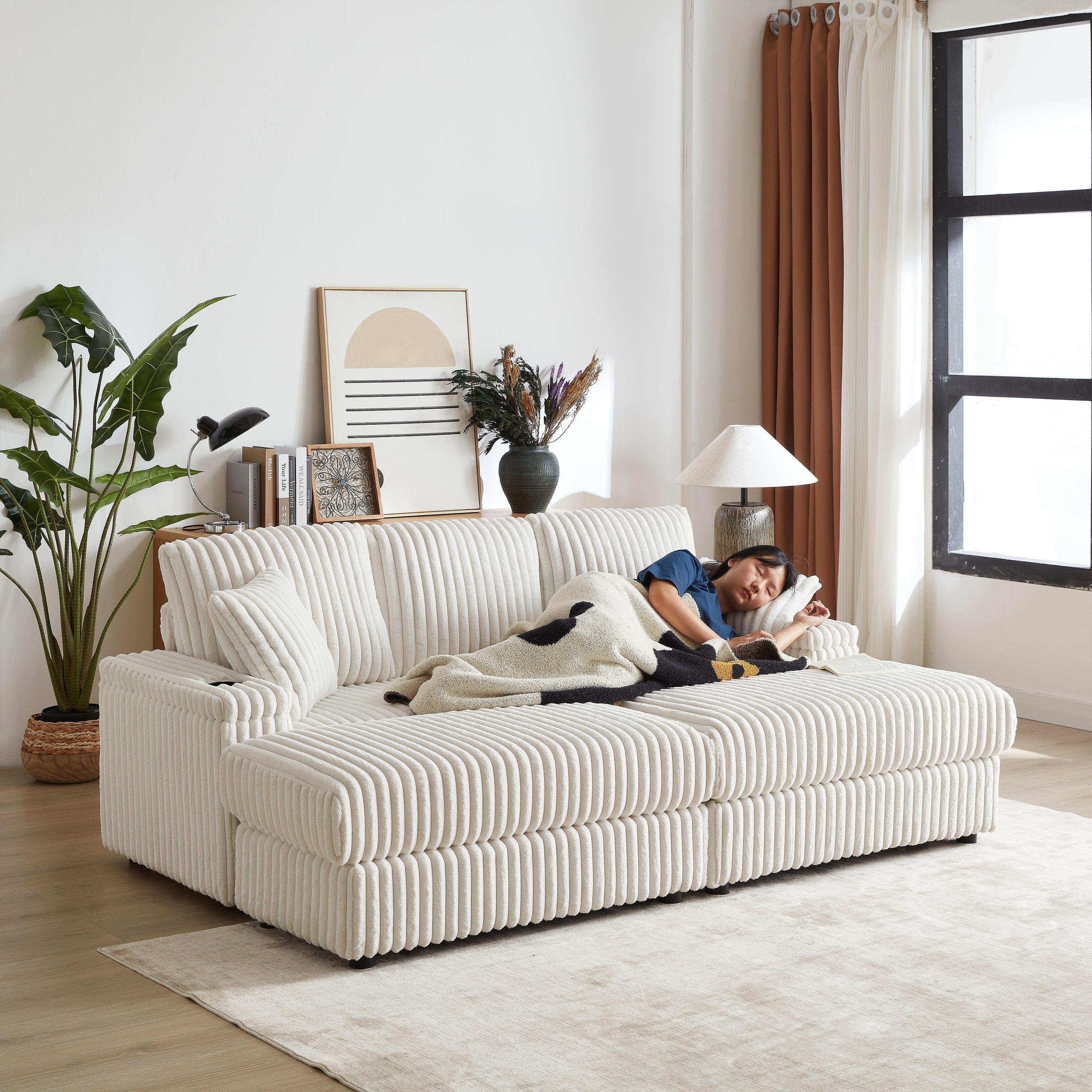84-Inch Corduroy 3-Seater Sofa with Pillows and Ottomans