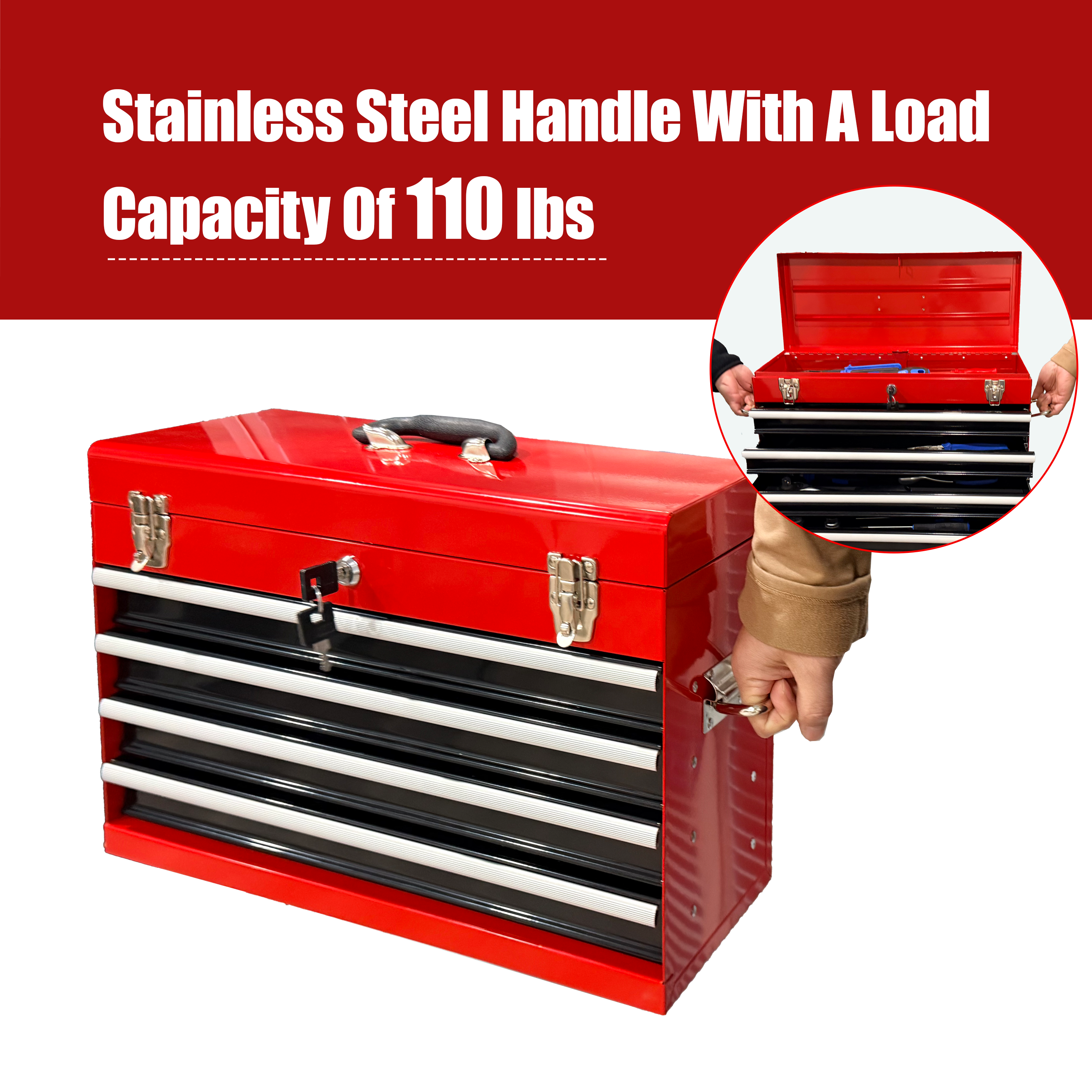 Heavy Duty Metal Tool Box - 21-inch with 4 Drawers
