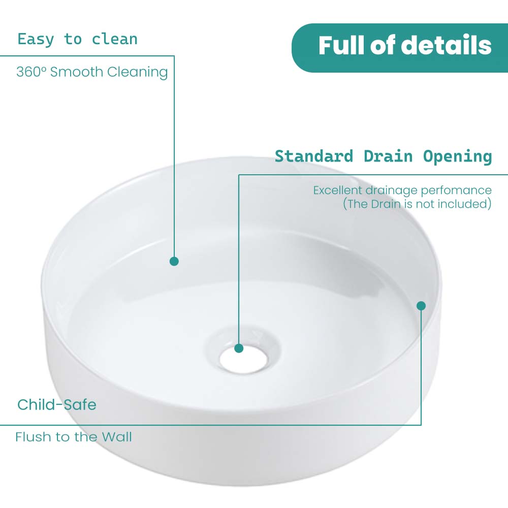 Glossy White Ceramic Vessel Sink, 15.56-Inch Round