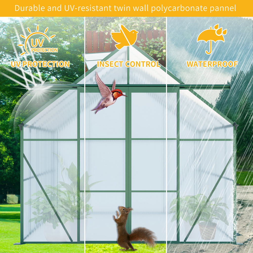Green Double Door Polycarbonate Greenhouse - 8x6ft