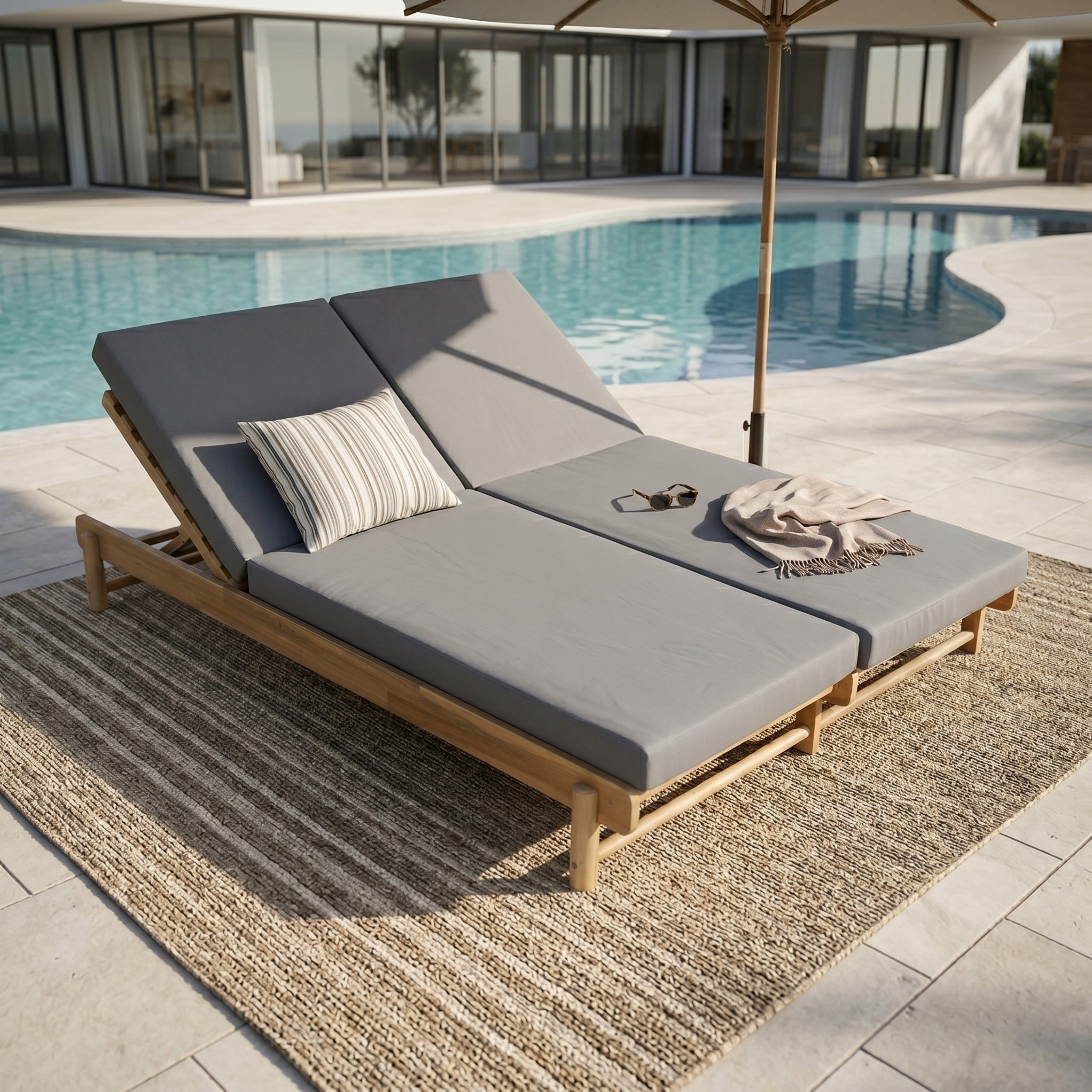 Light Teak Acacia Wood Double Chaise Lounger Set