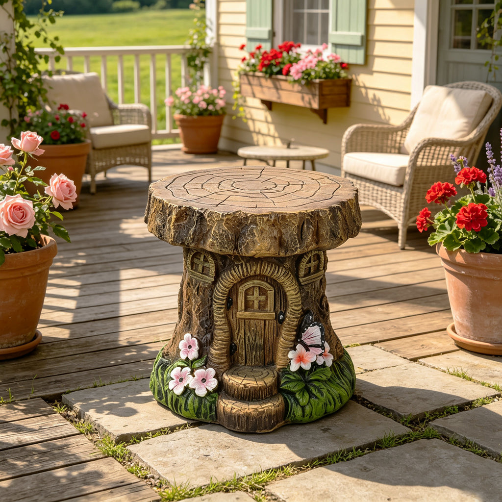 Tree Stump Fairy House Stool Garden Statue
