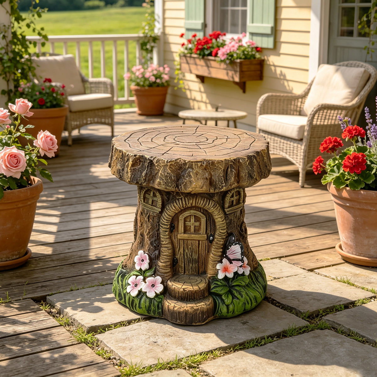 Tree Stump Fairy House Stool Garden Statue