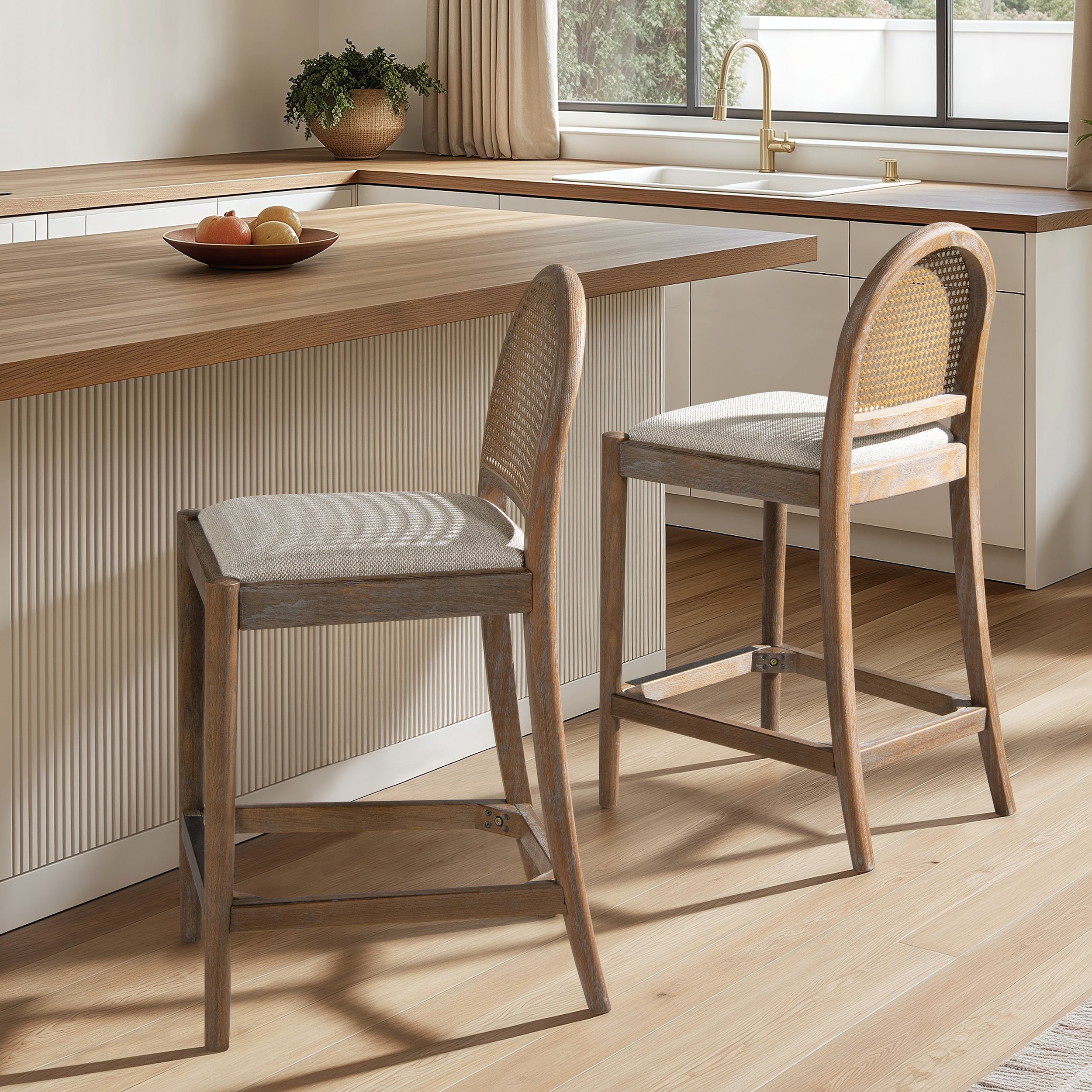 Panama 26.5" Curved Back Cane Rattan Counter Stool, Set of 2, Two-Tone Neutral
