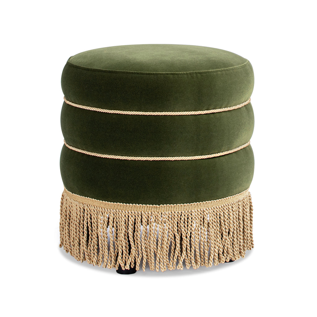 Edward 17.5" Round Upholstered Ottoman with Bullion Fringe, Olive