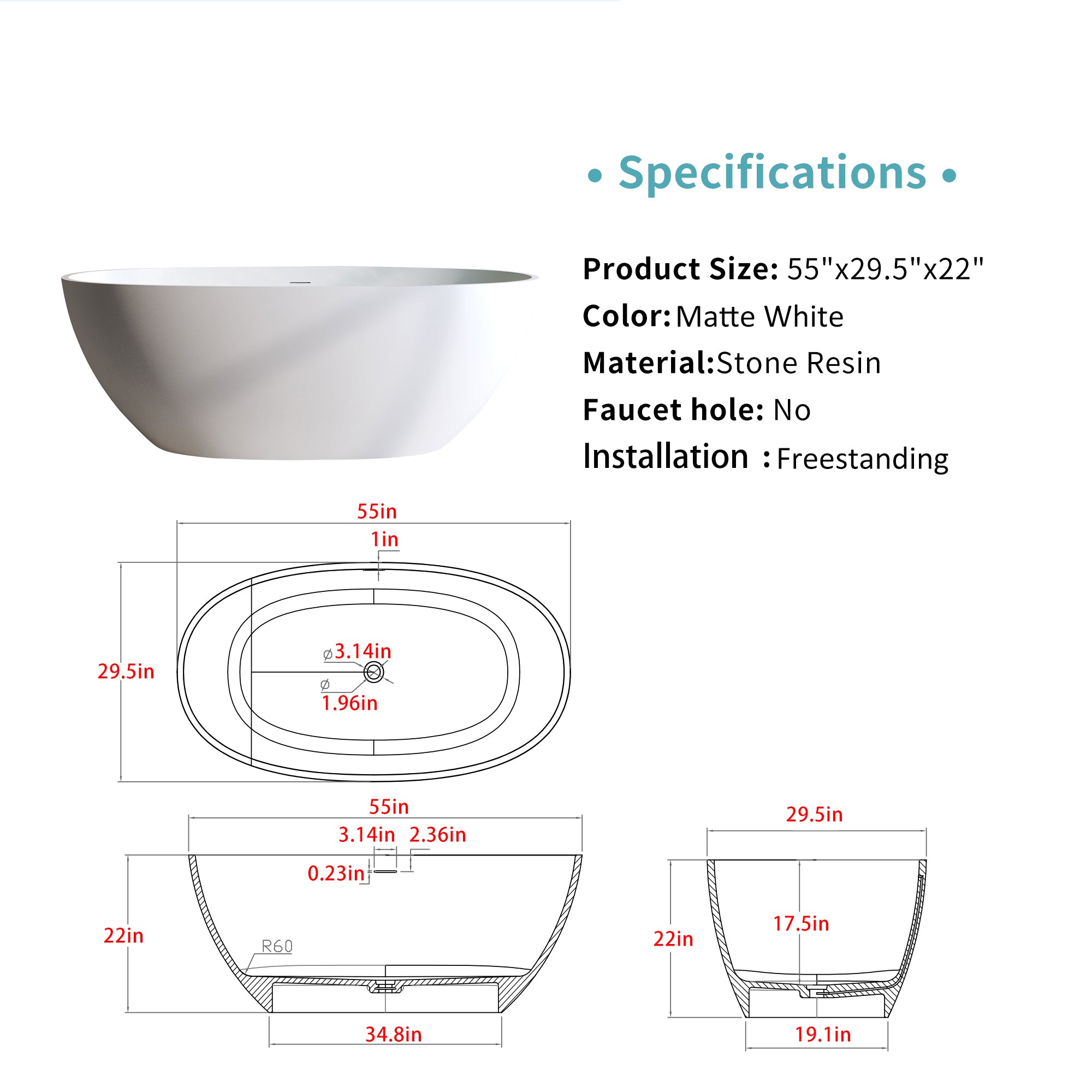 55″ Solid Surface Matte Tub