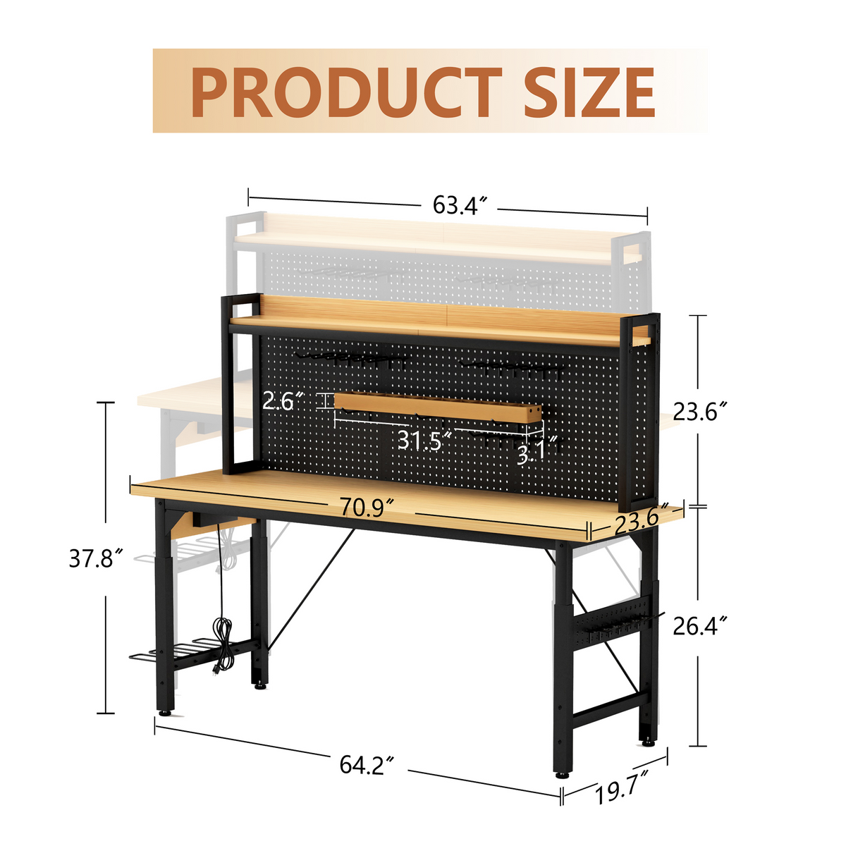 71'' Adjustable Workbench with Pegboard