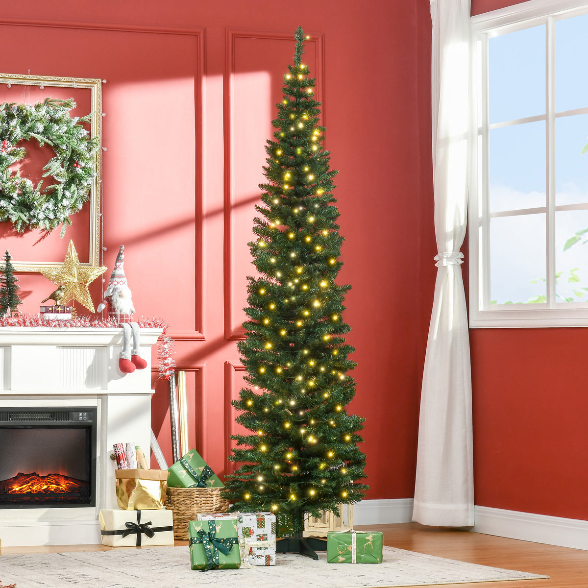 HOMCOM 7-Foot Slim Noble Fir Pre-Lit Artificial Christmas Tree, 200 Warm White Lights