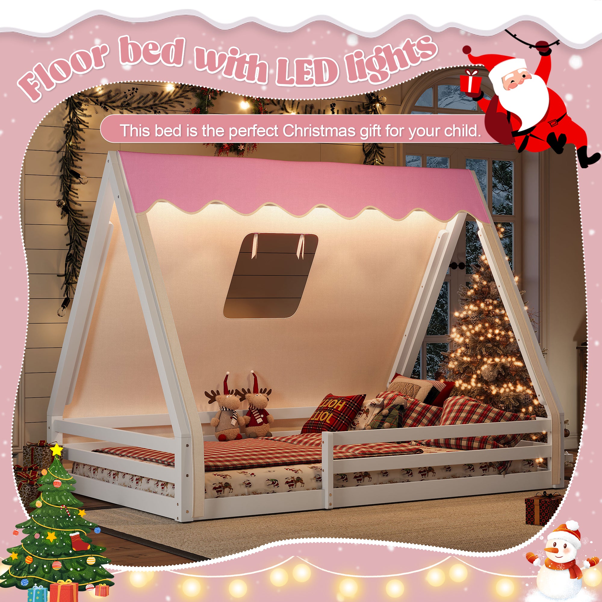 Full Size House Floor Bed with Tent and Light