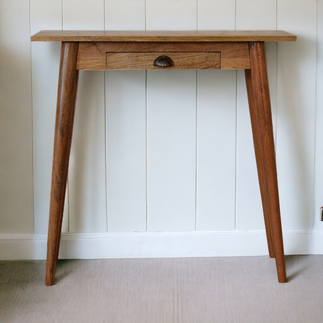 Solid Wood Mini Nordic Style Writing Desk, Oak-ish, 1-Drawer, Nordic Legs