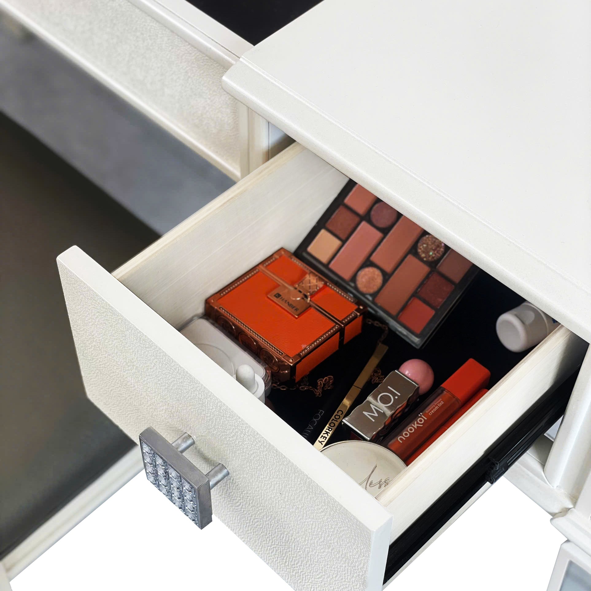 Mirrored Vanities Desk with Drawers, Mirror, and Stool Set