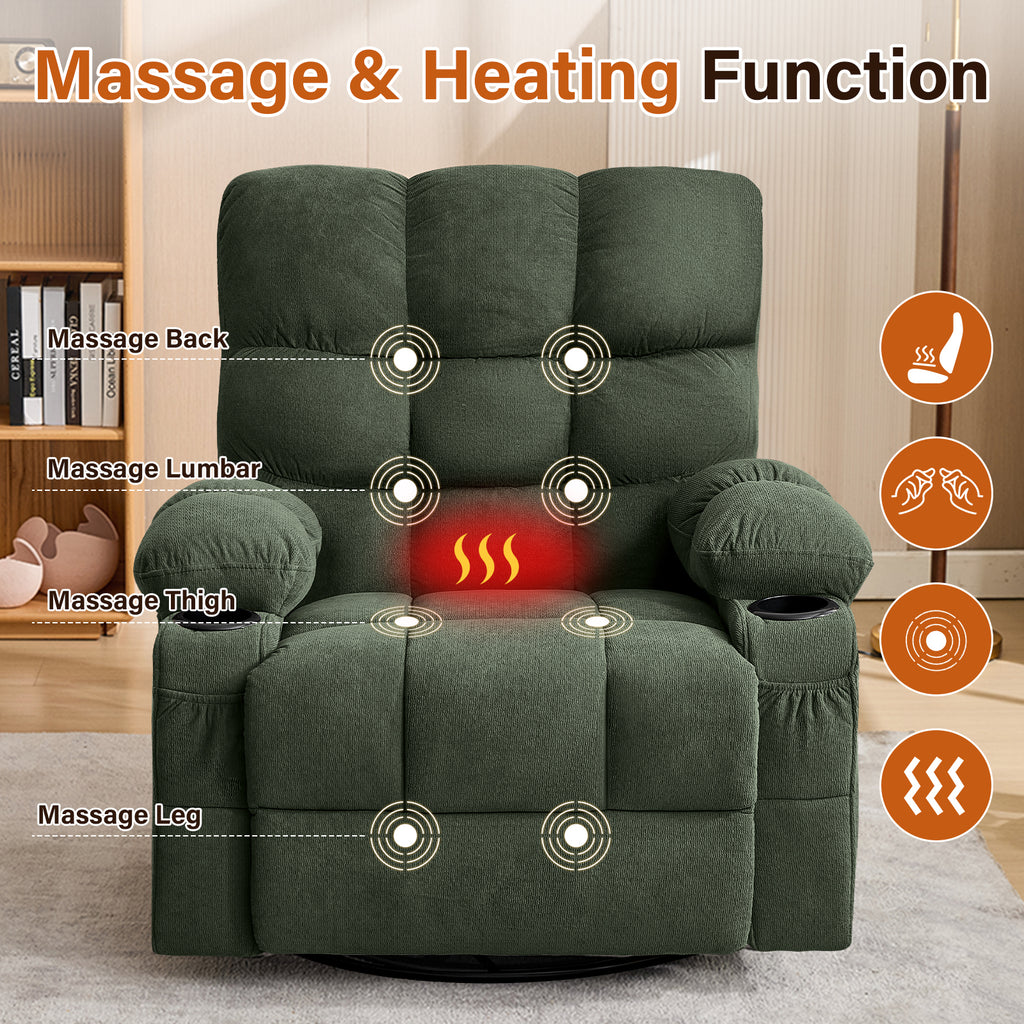 Massage Swivel Recliner Chair with Vibration Massage and Lumbar Heating for Adults,350LBS Oversized Rocker Recliner Single Sofa with Side Pocket,cup holder and USB Charge Port for Living Room