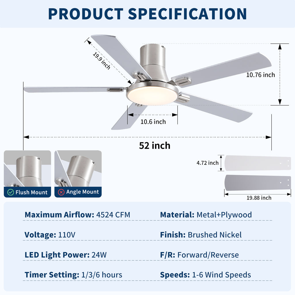 52 Inch Modern Brushed Nickel Flush Mount Ceiling Fan with Light and Remote Control