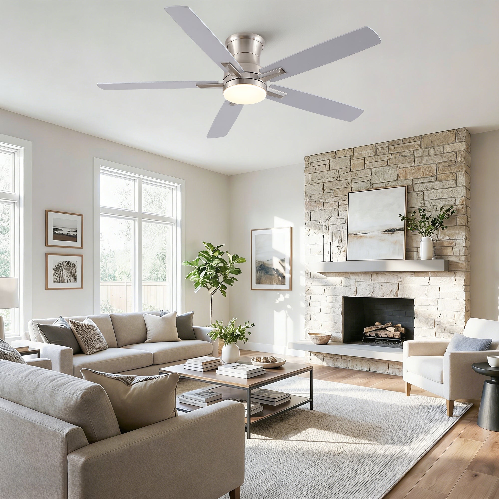 52" Modern Brushed Nickel Flush Mount Ceiling Fan with Light
