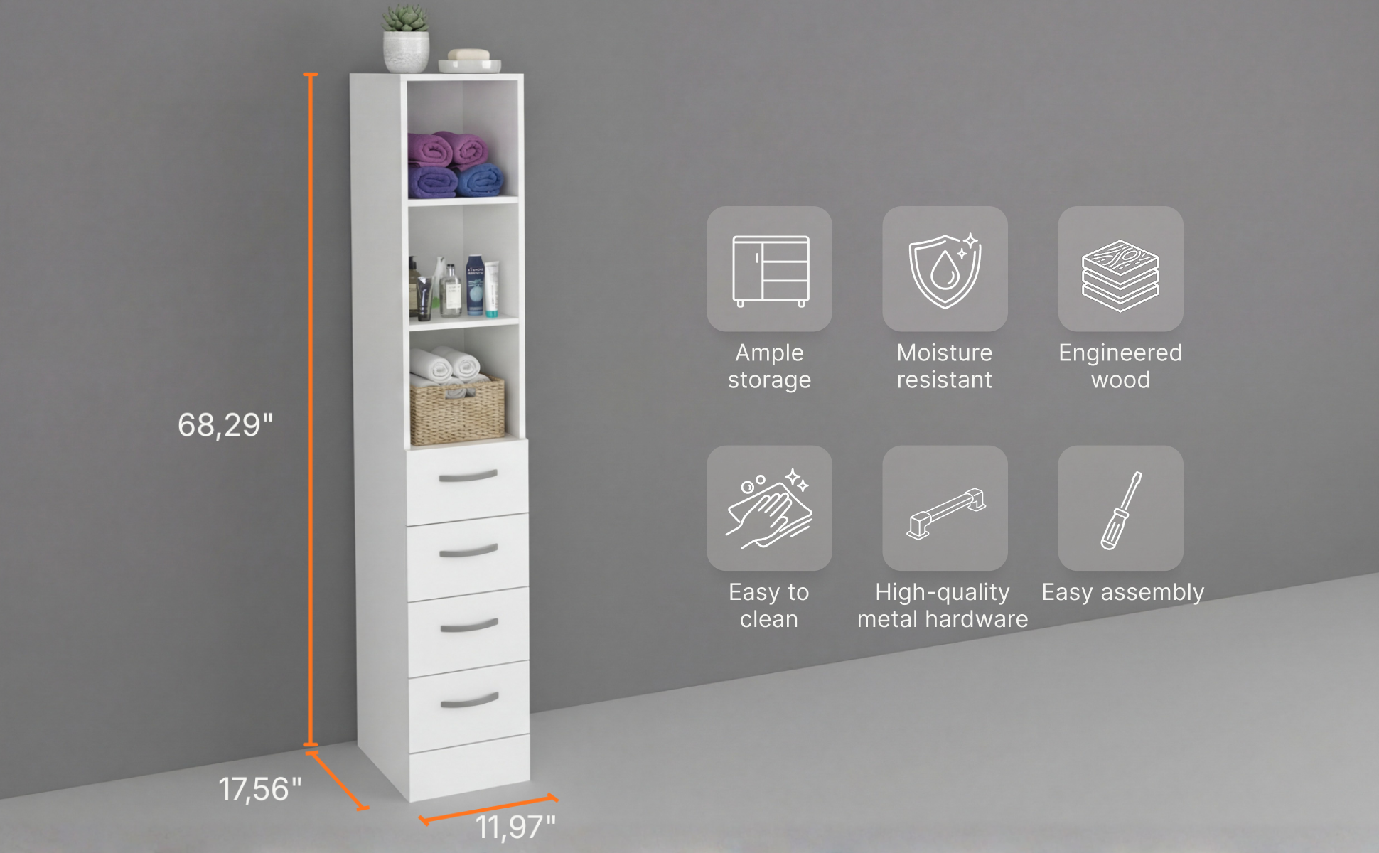 Linen Cabinet 68" H with Three Shelves and Four Drawers