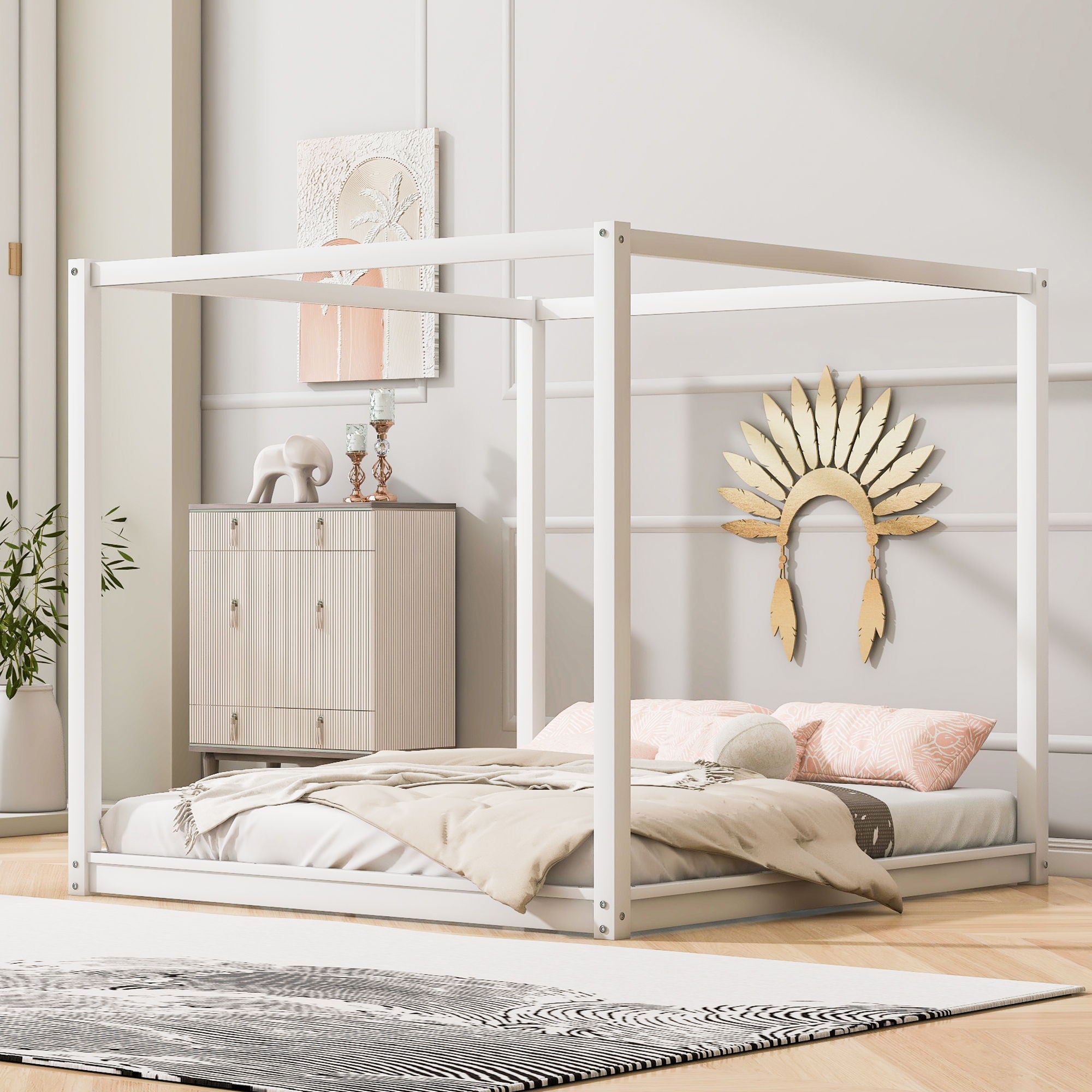 Wood Canopy Platform Bed With Support Legs And Airflow Slats