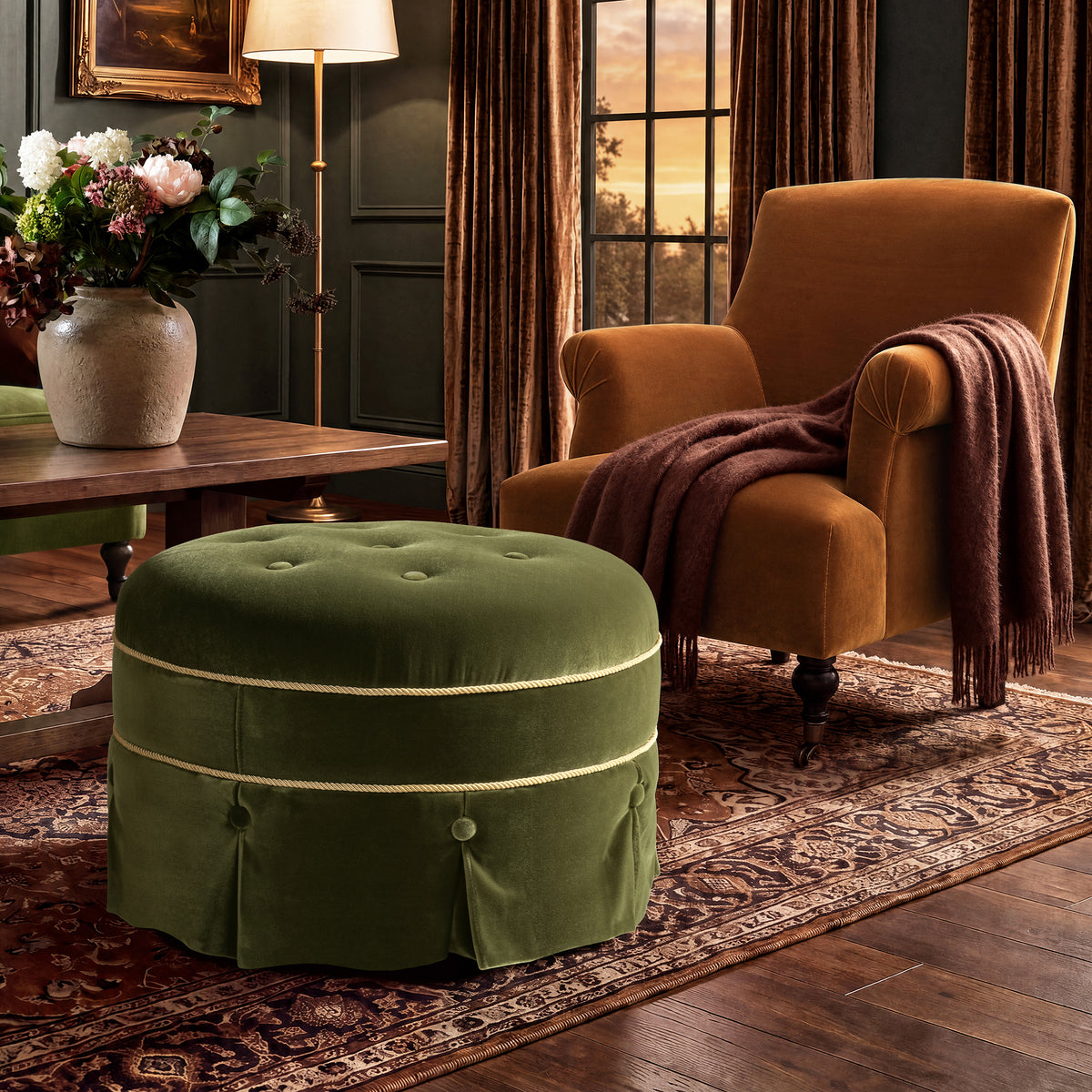 Maribel 24-Inch Round Upholstered Accent Ottoman, Olive