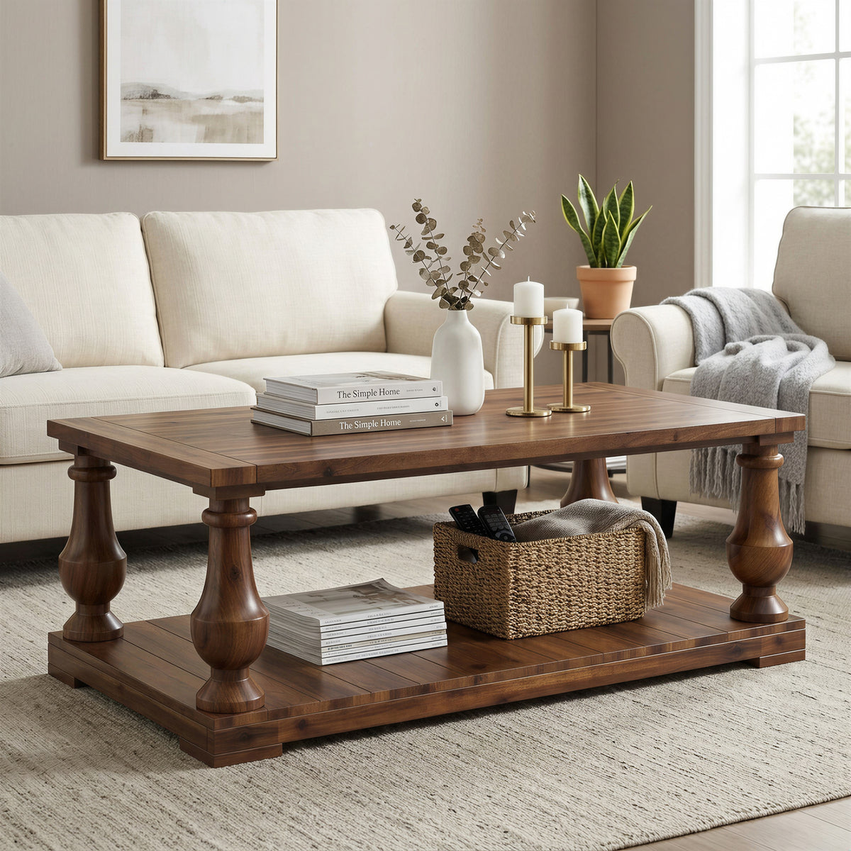 Farmhouse Coffee Table with Storage Shelf, Solid Pine Wood, Walnut