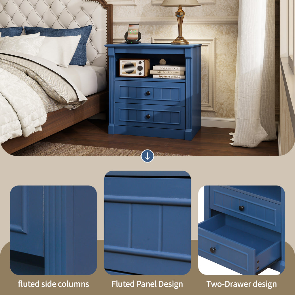 Dusty Nightstand with Charging Station, 2-Drawer, Aged Blue