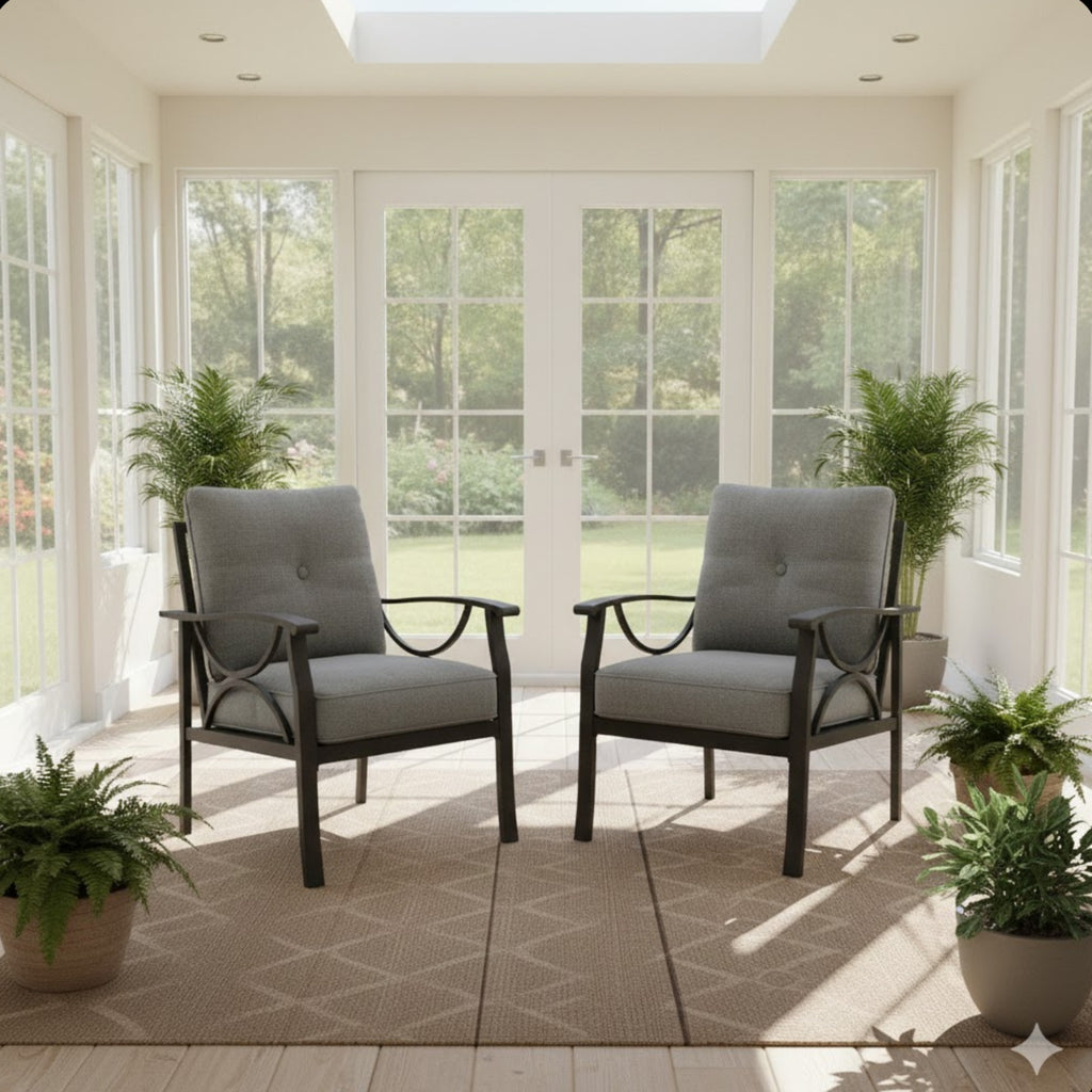 Set of 2 All-Weather Metal Armchairs, Khaki Frame