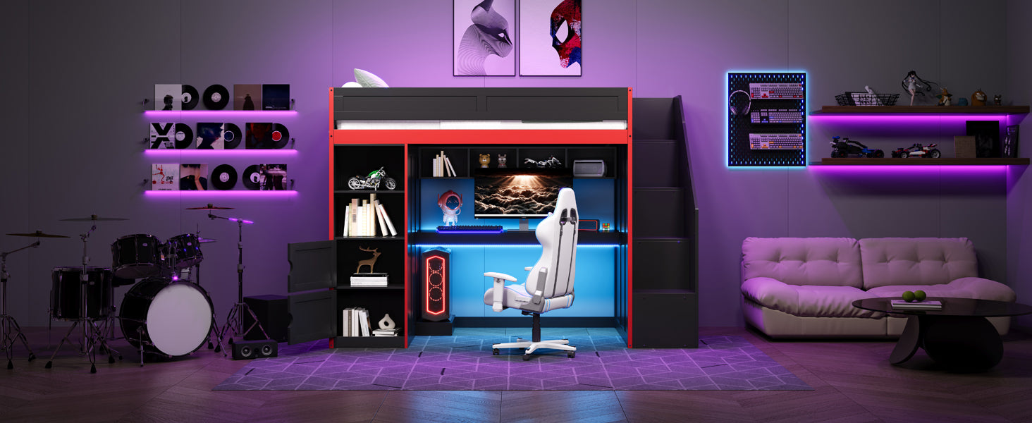 Gaming Loft Bed with Desk and Storage, LED Lights, Twin