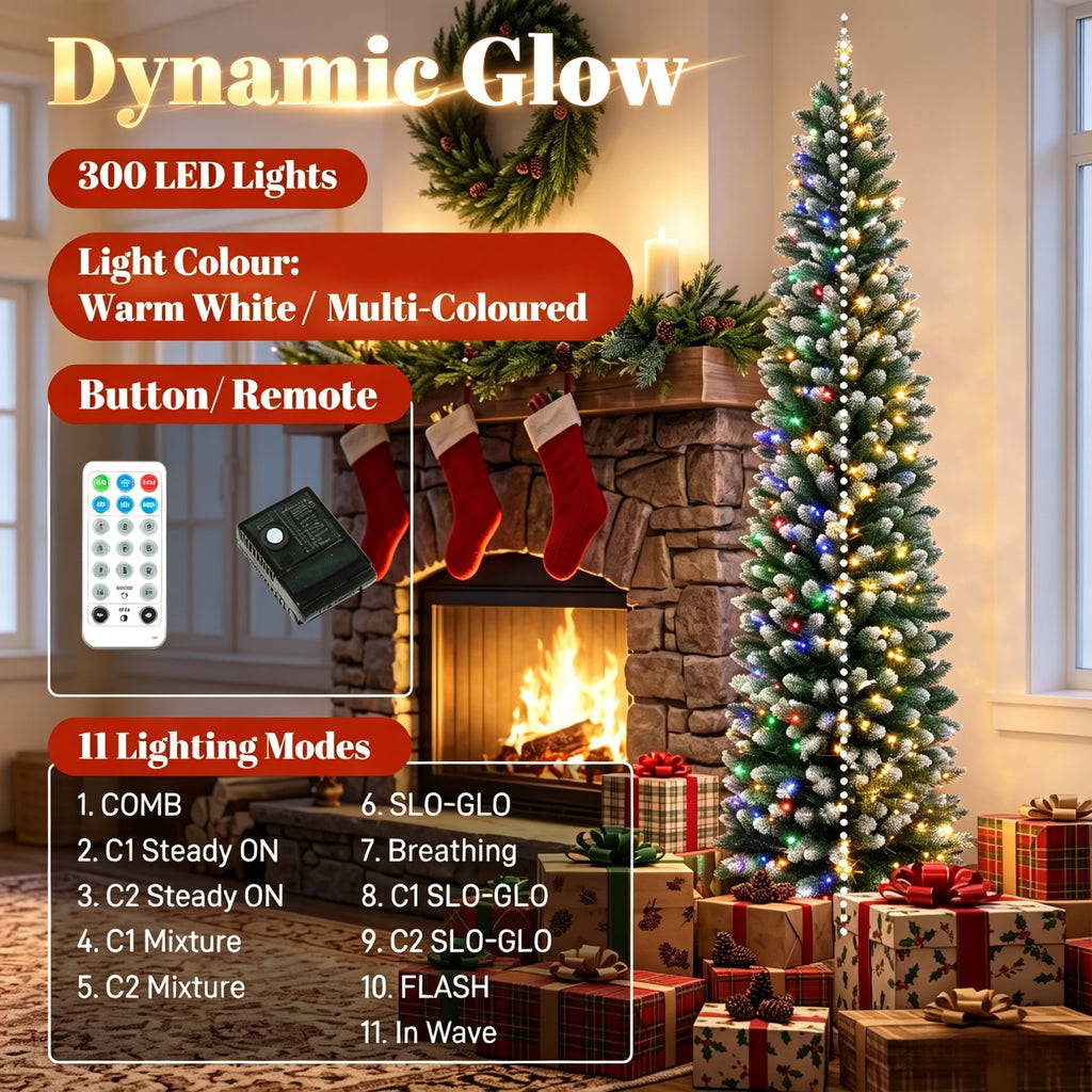 8ft Flocked Pencil Prelit Christmas Tree, Dual-Color