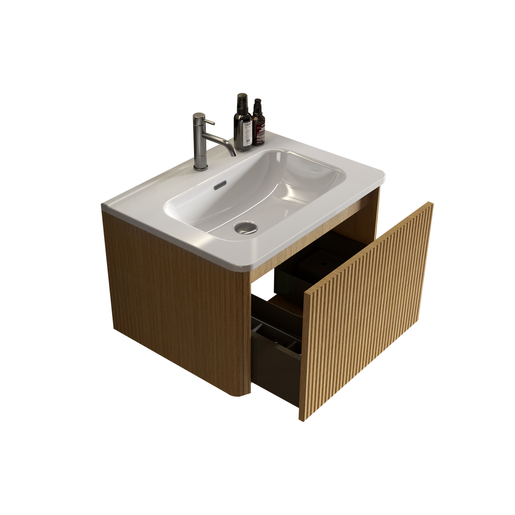Etna 24-Inch Floating Bathroom Vanity, Oak Striped with White Ceramic Sink