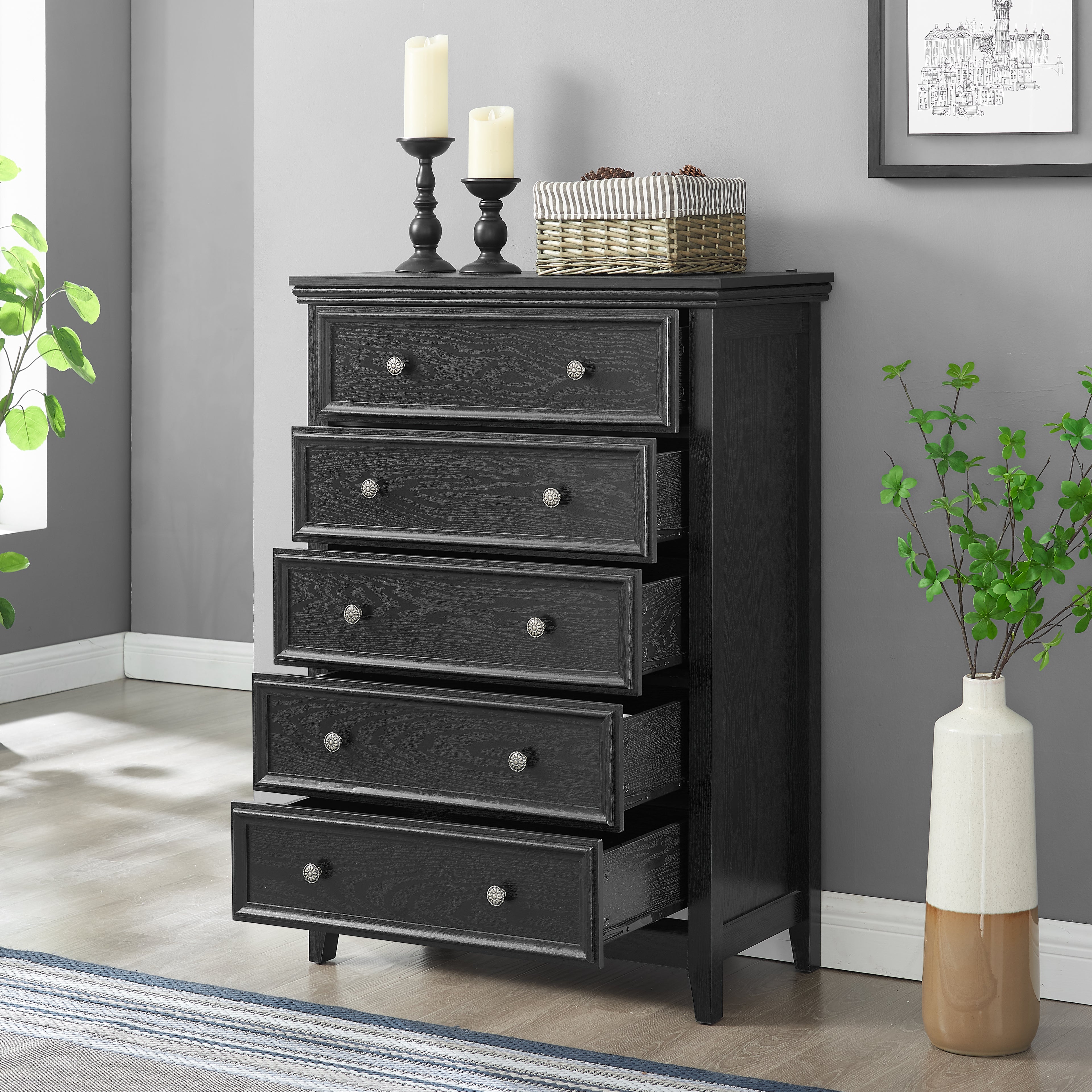 Modern 5-Drawer Dresser with Storage Cabinet