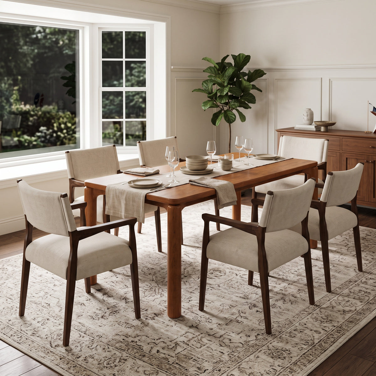 7-Piece Rectangular Dining Table Set, 70-Inch Walnut Rubber Wood with Beige Upholstered Chairs
