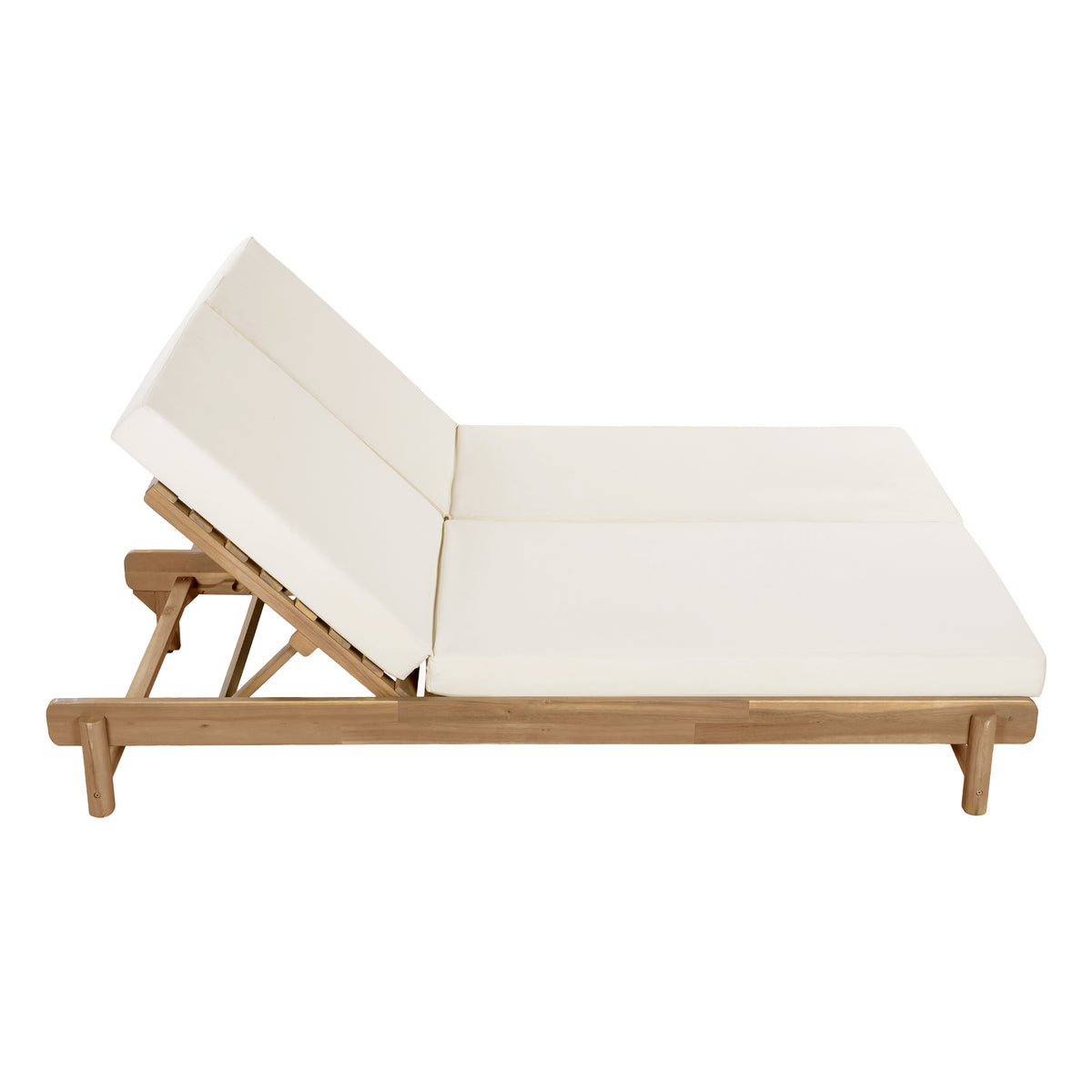 Light Teak Acacia Wood Double Chaise Lounger Set: 1 Frame + 2