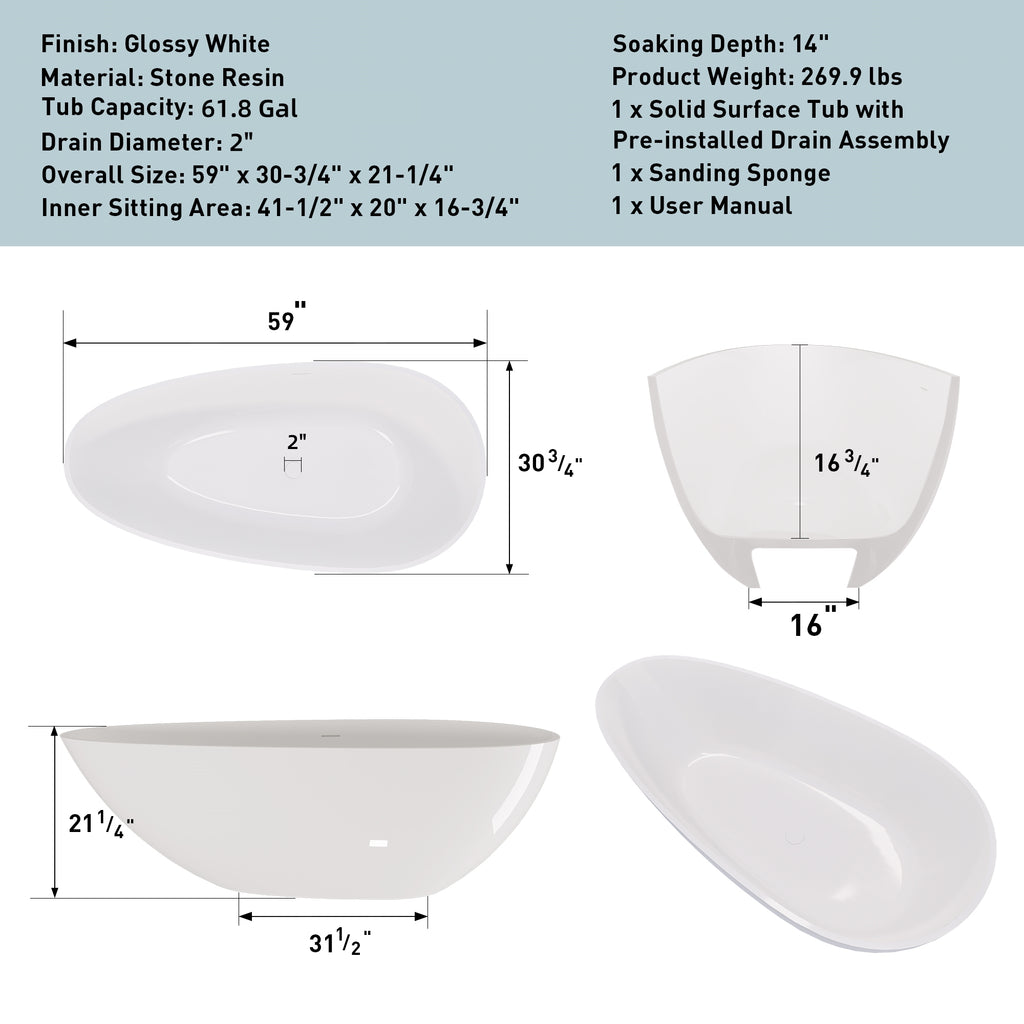 59" Freestanding Solid Surface Bathtub