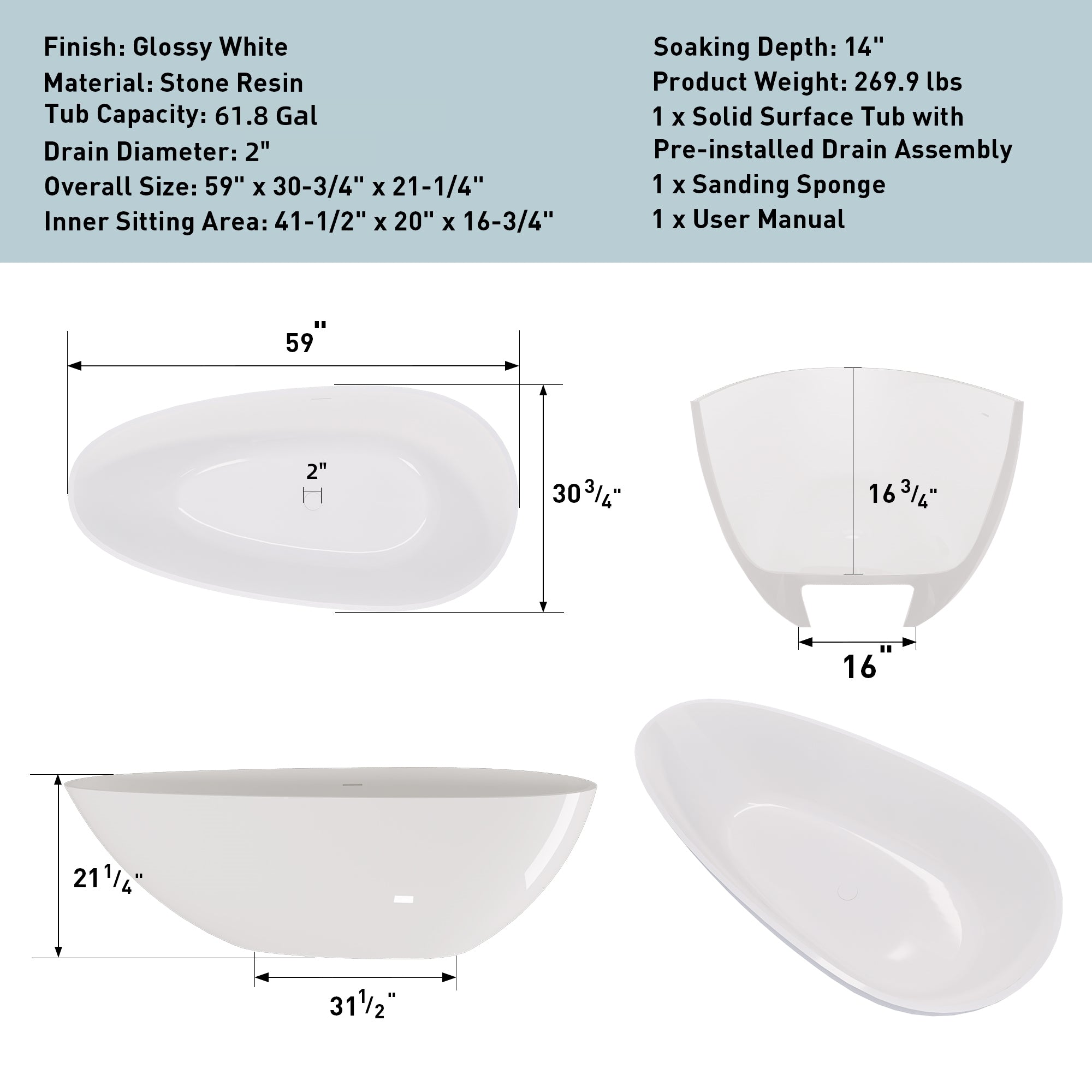 59" Freestanding Solid Surface Bathtub