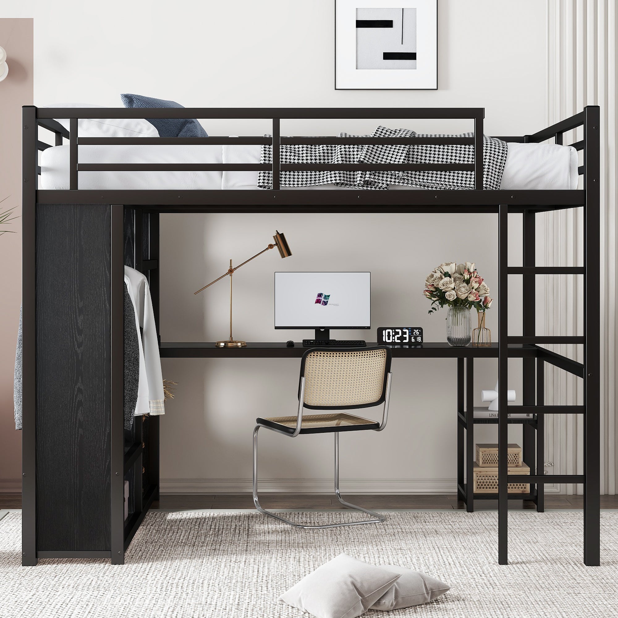 Full Size Loft Bed Frame with Built-in Wardrobe