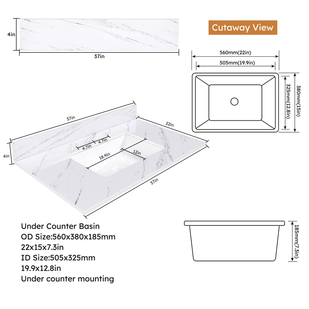 37 Inch Marble Vanity Top