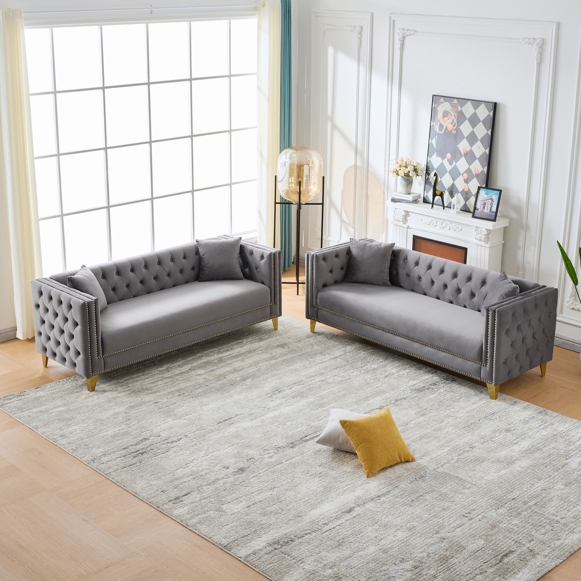 Chesterfield Velvet Sofa - 3+3 Seater Deep Seat Sofa