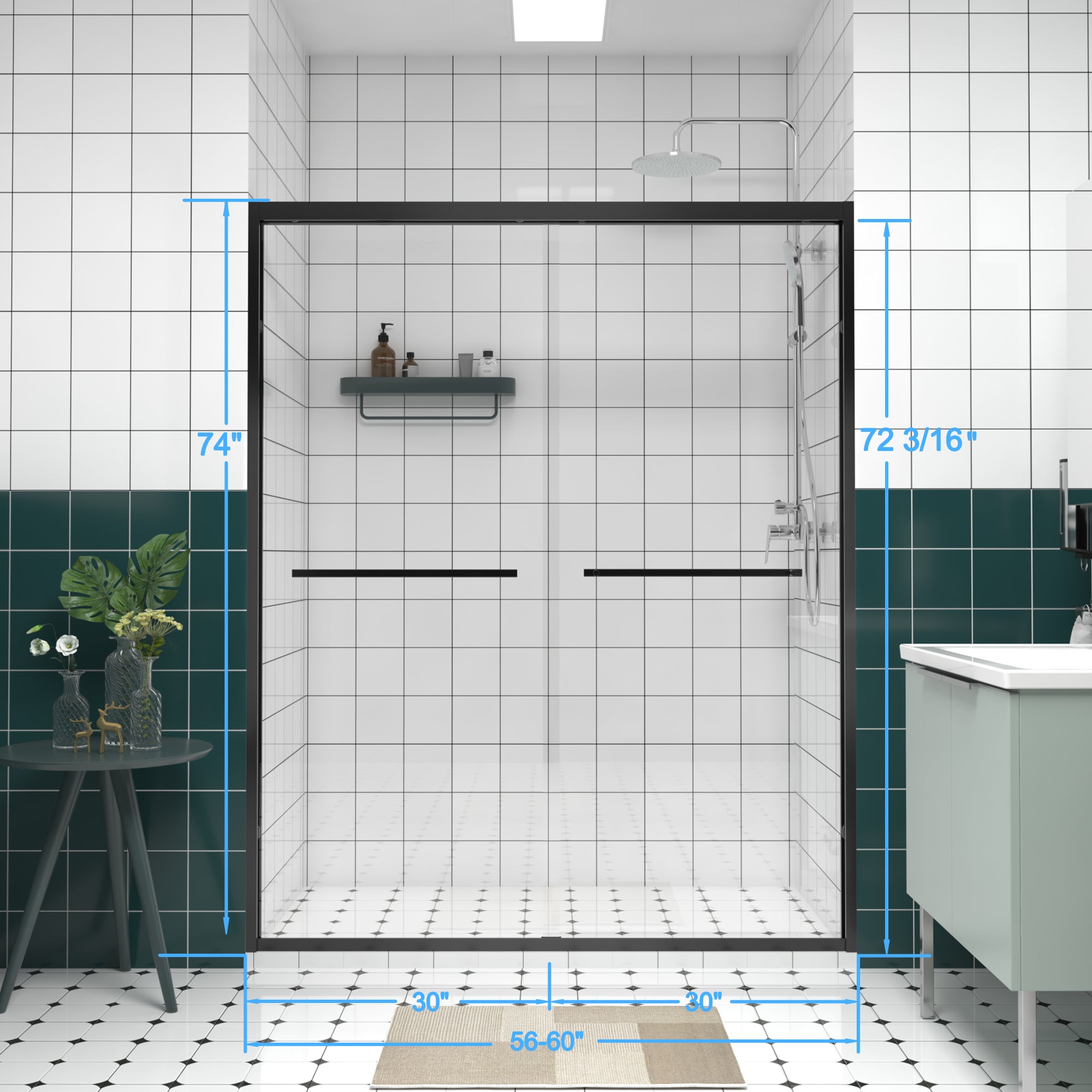 56-60"x74" Aluminum Frame Double Sliding Shower Door