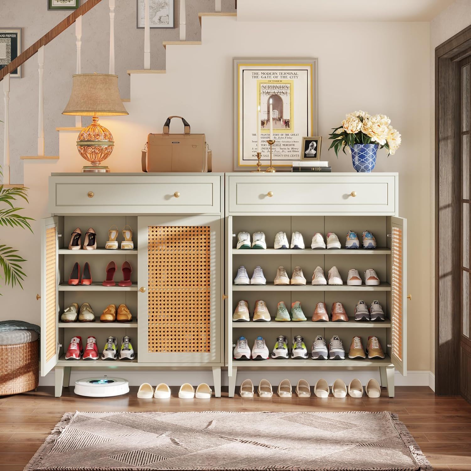 Shoe Cabinet With Rattan Doors And Drawer, 4 Tier Storage Organizer - Mint Green