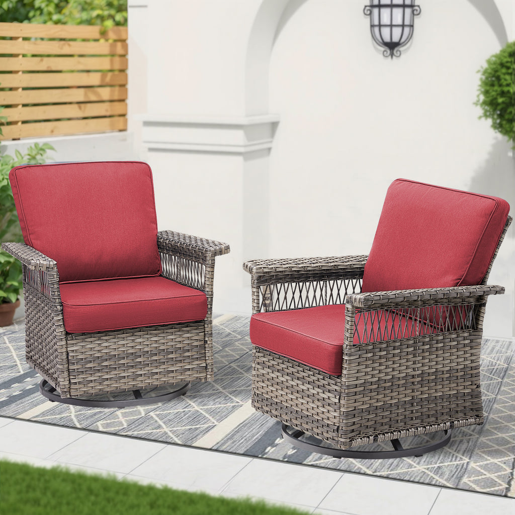 2 Piece Swivel Rocker Patio Chairs Set with 5-Inch Armrest and Thick Cushion, Gray/Red