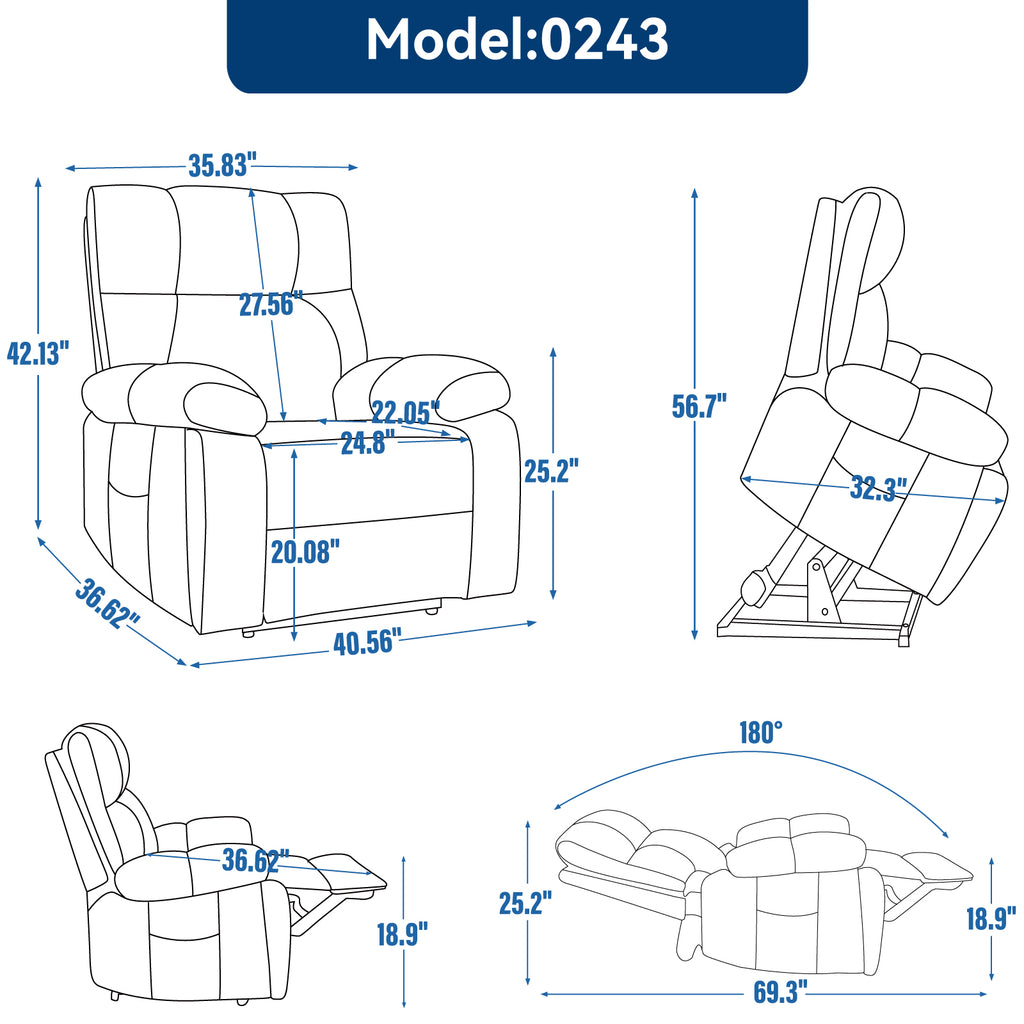 Grey Heat Massage Dual Motor Electric Power Lift Recliner