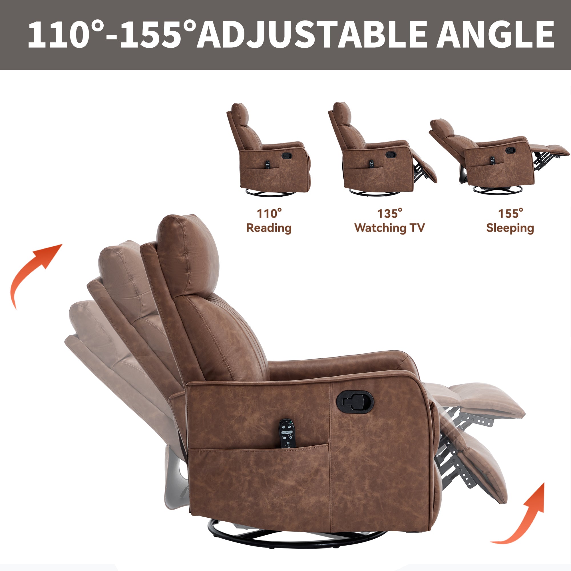 Brown Heat Massage Manual Recliner Chair with Rocker and Swivel