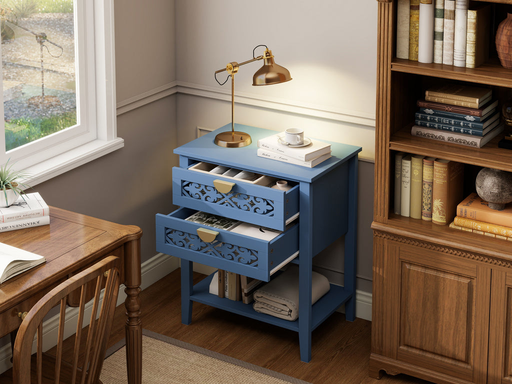 Dusty Blue 2-Drawer Nightstand with Carved Lattice Fronts, Gold Pulls