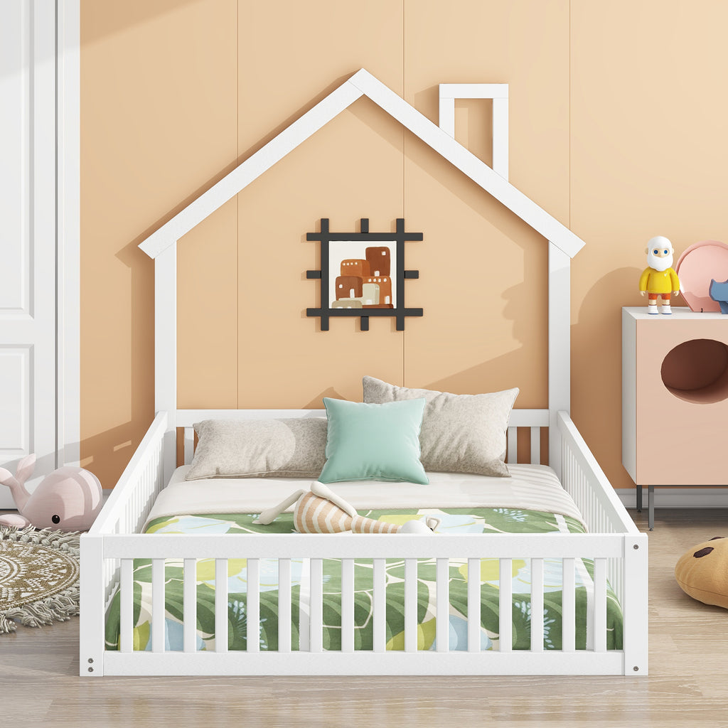 Wood Full Size House Platform Bed with Guardrail
