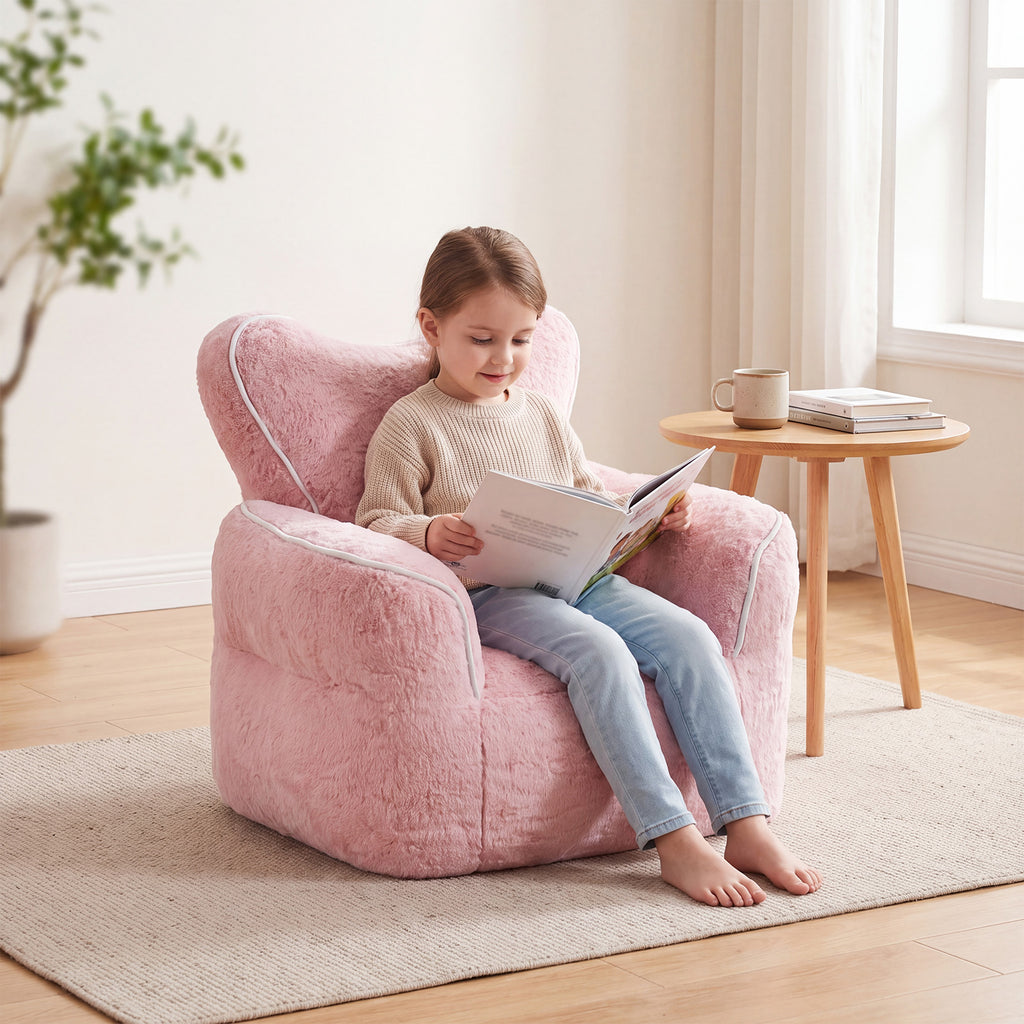 Heart-Shaped Kids Faux Fur Bean Bag Chair, Baby Pink